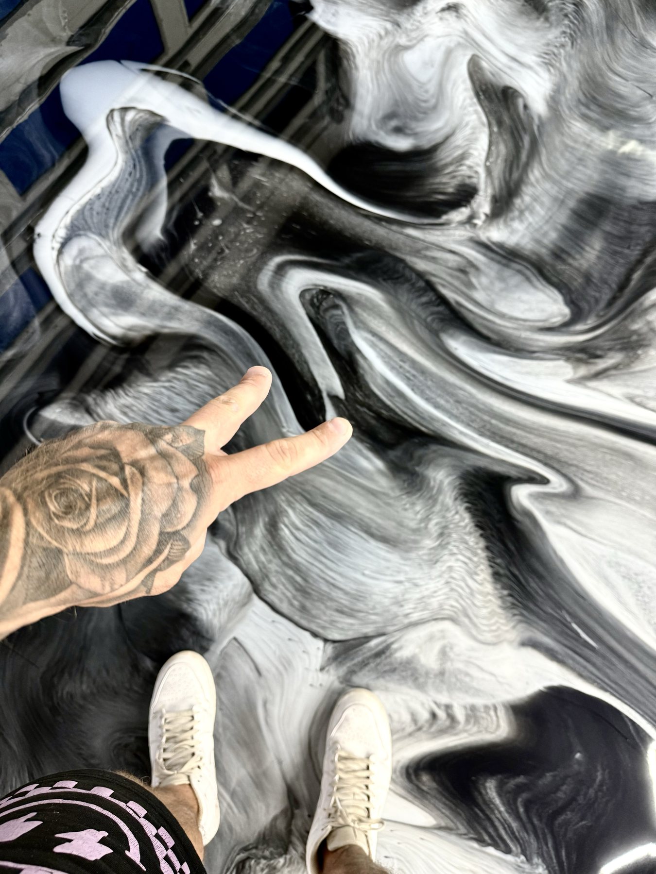 Close-up of black and white marbled metallic epoxy